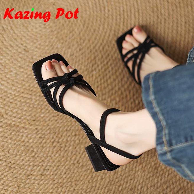Women'S Shoes Back To School - Krazing Pot 新しい羊皮ピープトウファッション夏英国スクールシューズメッドヒールベーシックデザインブラックファッションブランド女性サンダル