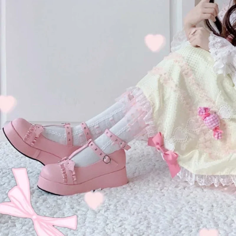 Women Shoes Japanese Brand - 女の子のためのハート型のバックル付きプラットフォームシューズ,日本のロリータシューズ,ピンクのカワイイヒール,新しいブランド