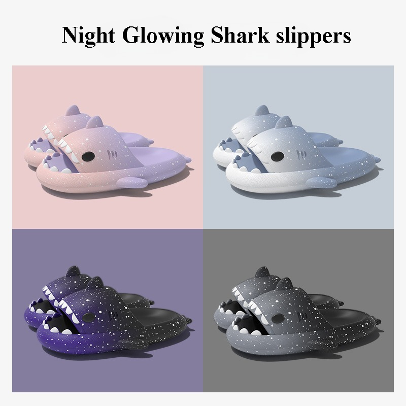 Women'S Shoes To Men'S - かわいい漫画サメスリッパ女性男性のためのグラデーションカラー夏のプラットフォームシューズ夜の光るスタイルカップルホームストリートスライド