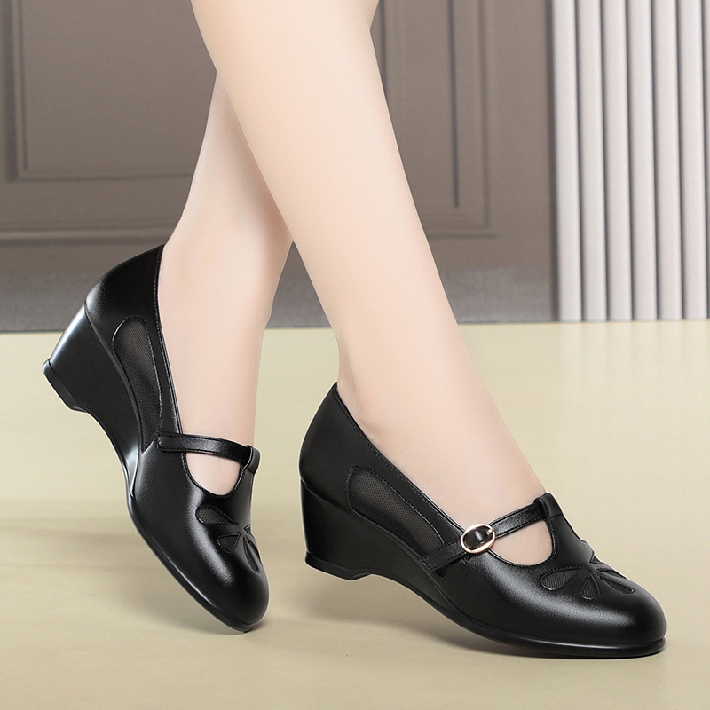 Women'S Shoes Non Slip - 中年女性夏メッシュカットアウトウェッジヒールシューズ軽量ソフトレザー快適ソフトソール通気性ノンスリップ高齢者用