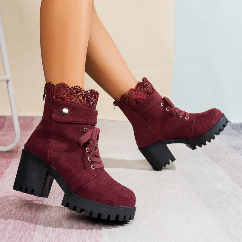 Women'S Shoes Red Bottoms - セクシーなレースパッチワーク厚底ハイヒールアンクルブーツチャンキープラットフォーム厚底ヒールスエードショートブーツレトロワインレッドレディースシューズ