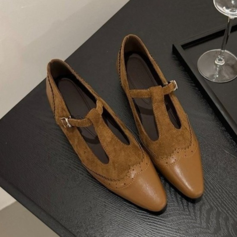 Women'S Shoes Non Slip - ワンバックルストラップローヒールシングルシューズ秋新作ポインテッドトゥ浅口スプライススエードソフトソール滑り止めローカットシューズ