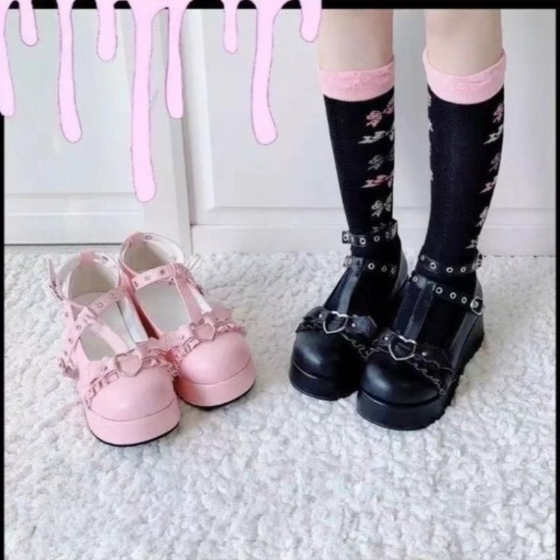 Women Shoes Japanese Brand - 女の子と女性のためのハート型のバックル付きプラットフォームウェッジ,日本のカワイイロリータシューズ,ピンク,新ブランド