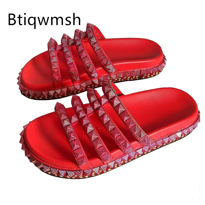 Women'S Shoes Red Bottoms - 赤リベットスタッズグラディエーターサンダル女性オープントゥ厚底フラットシューズ女性夏のビーチスリッパ