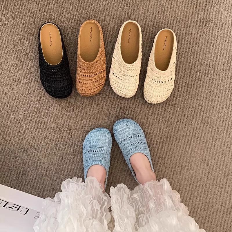 Women Shoes Mules - 女性用ラフィア織りミュールスリッパ、夏用通気性メッシュ、つま先が覆われたスライド、カジュアルフラットサンダル、ビーチリゾート、バケーション、スリッポンシューズ