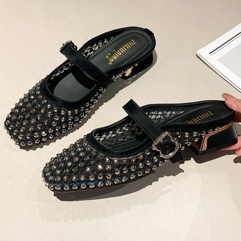 Women Shoes Mules - メッシュラインストーンチャンキーヒールミュールスリッパ女性通気性夏のファッションスライドスクエアトゥサンダル女性のための Pantuflas Mujer