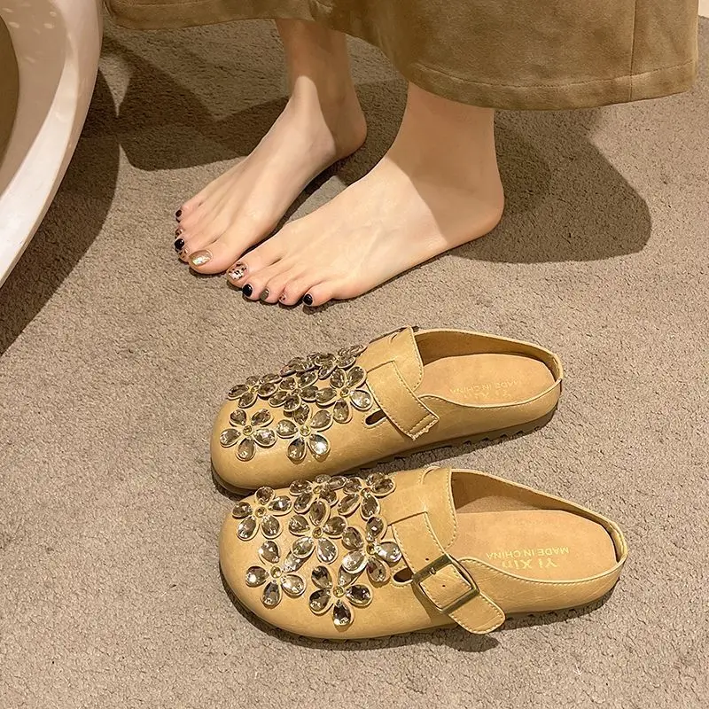 Women Shoes Mules - 女性用花柄ラインストーンバックルストラップ付きクローズドトゥスリッポンミュールクロッグヴィンテージカジュアルデイリーアウトドアフットウェアドロップシッピングギフト