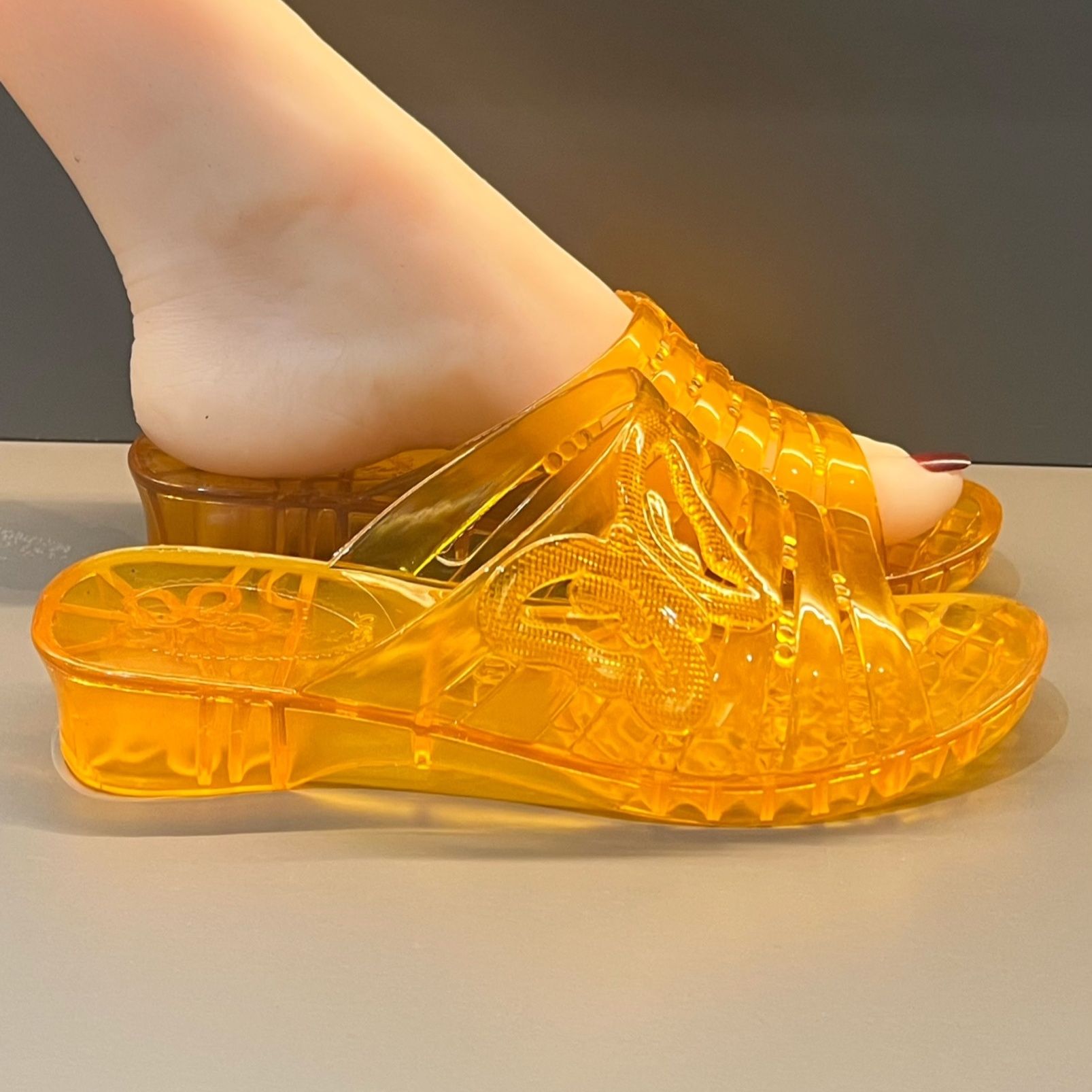 Women Shoes Mules - WFashion パープルグリッターゼリーウェッジサンダル女性の夏のウェッジヒールミュールシューズ女性屋外クリアスリッパ