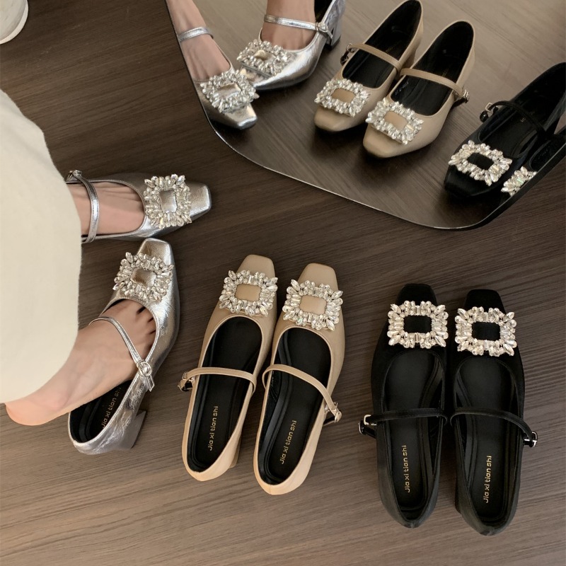 Women'S Shoes Red Bottoms - シルバーフラットボトムフレンチスタイルレディースシューズ新作春秋スクエアトゥラインストーンレッドイブニングシューズ