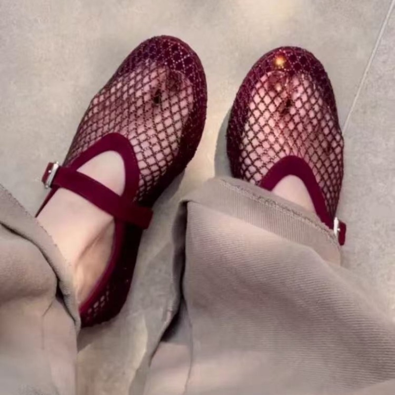 Mule Slip On - 中空ラインストーンバオトウサンダル レディース 2026年新作 フィッシングネット通気性織りメリージェーンシングルシューズ