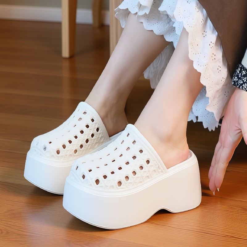 Platform Sneakers Chunky - チャンキー厚底7cmプラットフォームスリッパ レディース 中空穴あき通気性ミュールシューズ コンサイス女性身長アップサマースライド