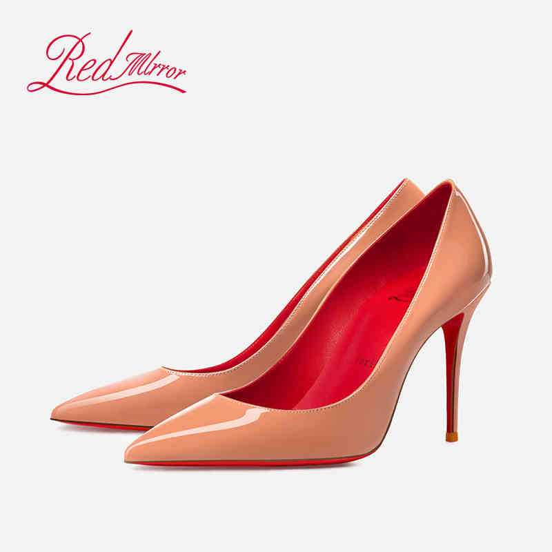 Women'S Shoes Red Bottoms - 裸の色ハイヒール赤光沢のあるボトムスエレガントな女性のヒールの高級ポインテッドトゥセクシーなパンプスデザイナーウエディングレディースシューズ女性