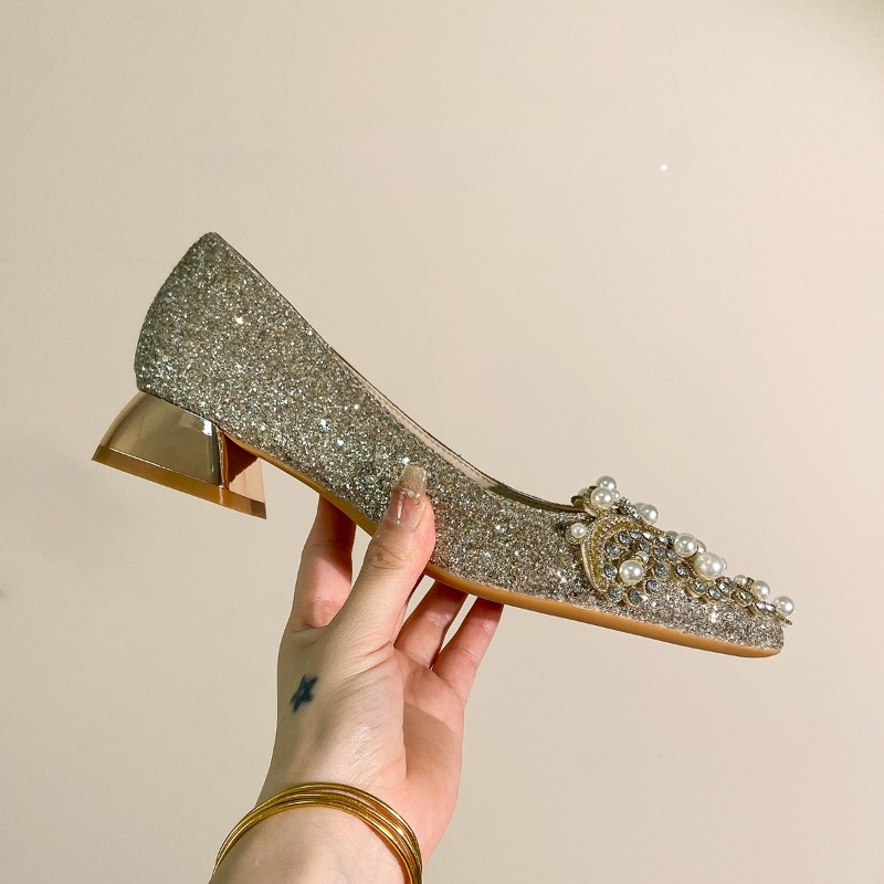 高級ラインストーンブロックヒールシングルシューズファッション - Women'S Shoes Non Slip のレビューと価格