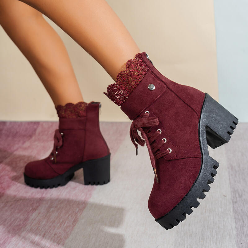 セクシーなレースパッチワーク厚底ハイヒールアンクルブーツチャ - Women'S Shoes Red Bottoms のレビューと価格
