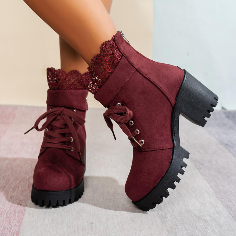 セクシーなレースパッチワーク厚底ハイヒールアンクルブーツチャ - Women'S Shoes Red Bottoms のレビューと価格