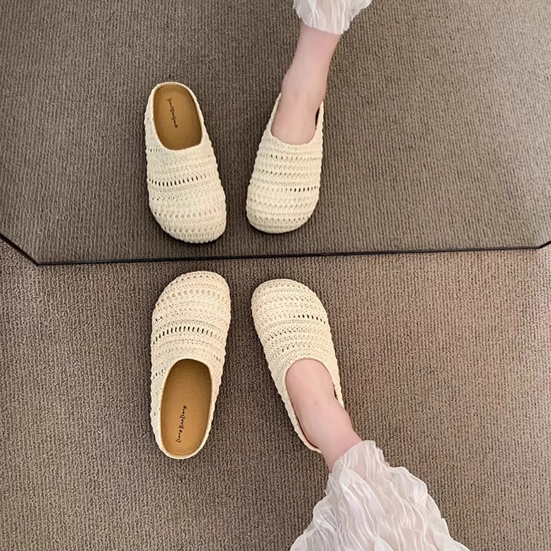 女性用ラフィア織りミュールスリッパ、夏用通気性メッシュ、つま - Women Shoes Mules のレビューと価格