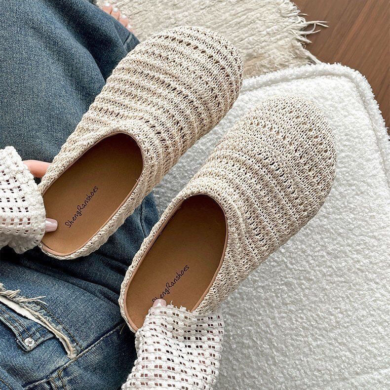 女性用ラフィア織りミュールスリッパ、夏用通気性メッシュ、つま - Women Shoes Mules のレビューと価格