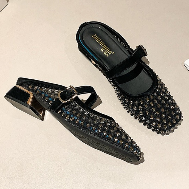 メッシュラインストーンチャンキーヒールミュールスリッパ女性通 - Women Shoes Mules のレビューと価格