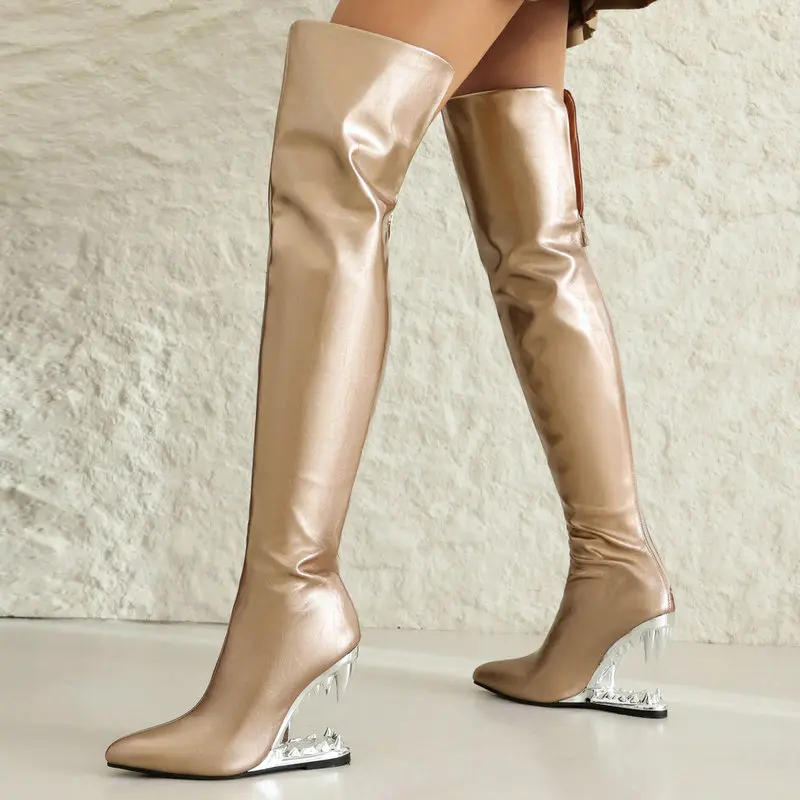 女性のための虎の歯が生えるサメの口のハイヒール、膝の長いブー - Women'S Shoes Extra Wide のレビューと価格