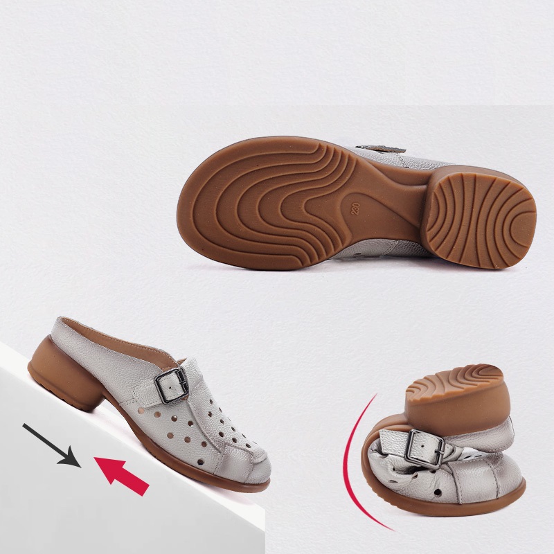 新しい牛革製ローヒールサンダル レディース ホローアウト ミ - Women Shoes Mules のレビューと価格