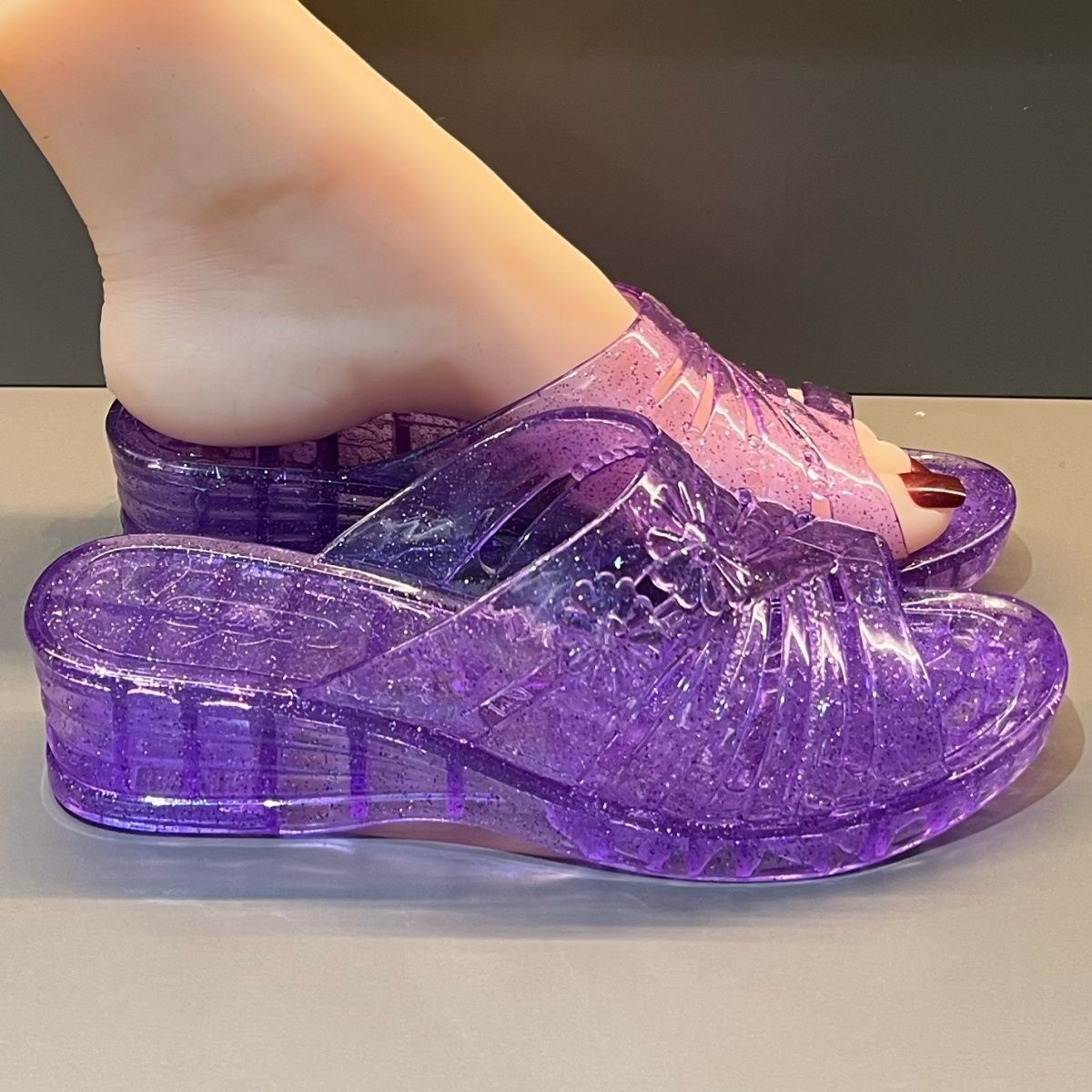 WFashion パープルグリッターゼリーウェッジサンダル女 - Women Shoes Mules のレビューと価格