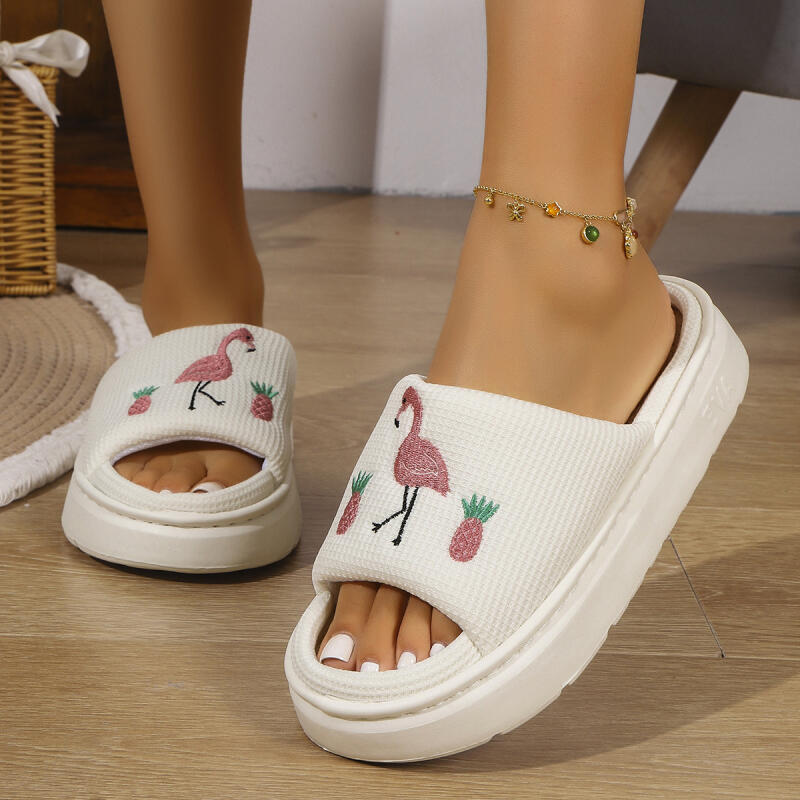 フラミンゴプラットフォーム女性用スリッパハウス麻春夏デザイナ - Mule Slip On のレビューと価格
